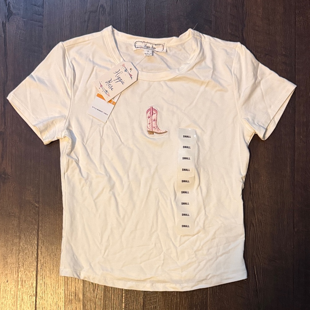 Hippie Rose White T-Shirt with Pink Boot Design